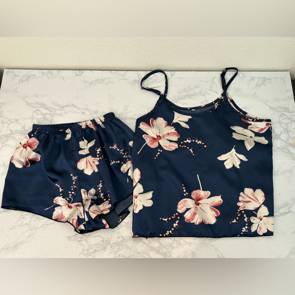 Floral Satin Navy Camisole & Short Pajama Set